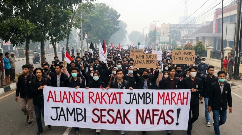 Ilustrasi: Kader Aliansi Rakyat Jambi Marah menggelar aksi protes kabut asap di jalanan Jambi dengan mengenakan pakaian hitam.(poto: AI).