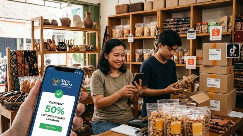 Ilustrasi Pelaku UMK di Indonesia kini bisa menikmati diskon biaya layanan minimal 50% lewat aplikasi Sapa UMKM.(poto: AI).