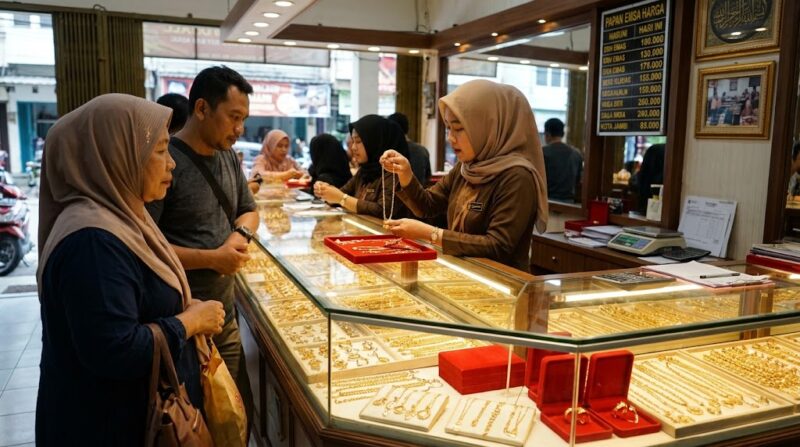 Pelayan toko emas di Jambi menunjukkan kalung perhiasan kepada pembeli di depan etalase berkilau penuh perhiasan.(poto: jemarionline.com).