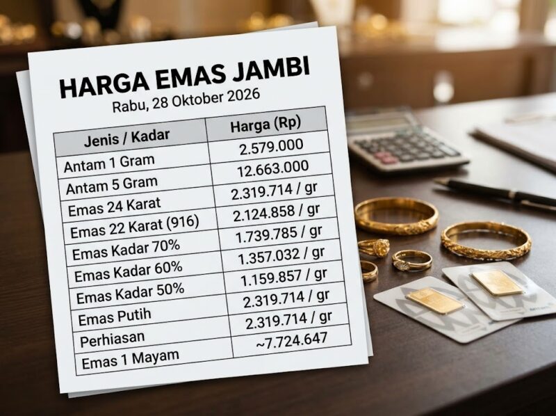 Daftar rincian harga emas Antam dan berbagai kadar perhiasan di Jambi per 28 Oktober 2026.(poto: AI).