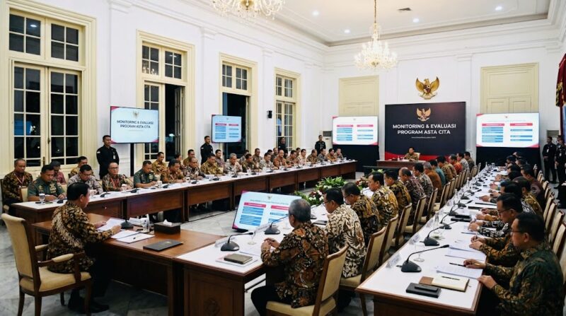 Ilustrasi: Presiden Prabowo pimpin rapat kabinet di Istana Bogor bahas evaluasi program Asta Cita bersama jajaran menteri malam ini.(poto: AI).