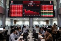 Layar pergerakan saham menampilkan penurunan IHSG ke level 5.188 di tengah aktivitas para pialang bursa.(poto: AI).