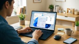 Ilustrasi Seorang pengguna sedang mengoperasikan laptop dengan sistem operasi Windows 11 terbaru di meja kerja rumah yang nyaman.(poto: AI).