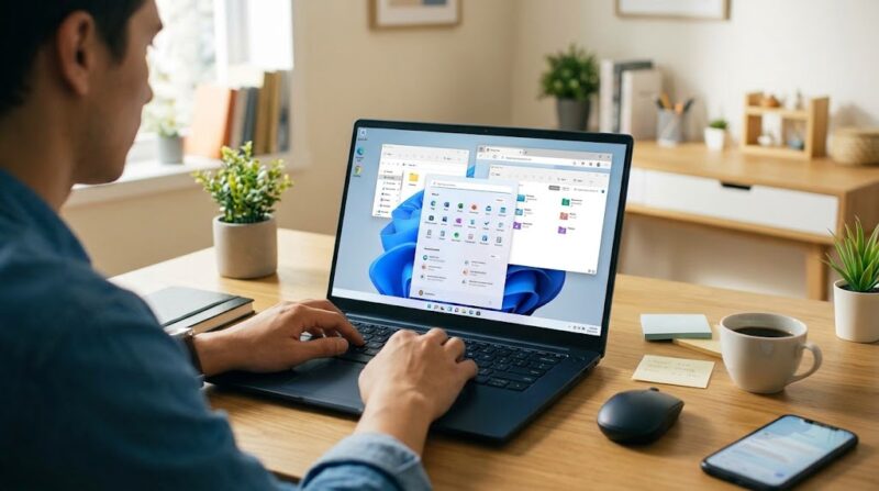 Ilustrasi Seorang pengguna sedang mengoperasikan laptop dengan sistem operasi Windows 11 terbaru di meja kerja rumah yang nyaman.(poto: AI).