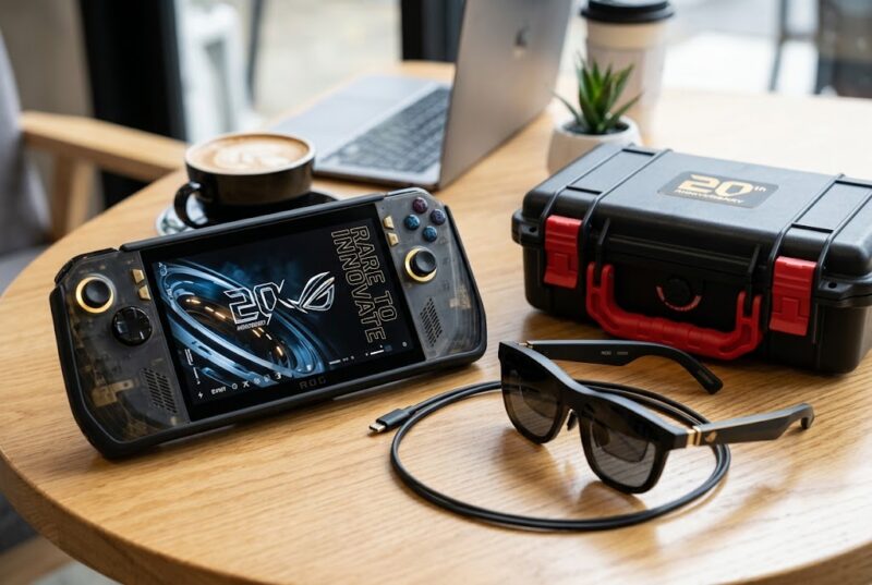 Ilustrasi Paket spesial ASUS ROG XBOX Ally X20 bersama kacamata AR ROG XREAL R1 dan Pelican Case edisi 20 tahun di Jakarta.(poto: AI).