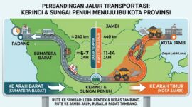 Ilustrasi: Perbandingan rute: Kerinci–Padang berjarak 240 km bebas tambang, rute ke Kota Jambi 440 km rusak padat angkutan batu bara.(poto: AI).