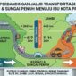 Ilustrasi: Perbandingan rute: Kerinci–Padang berjarak 240 km bebas tambang, rute ke Kota Jambi 440 km rusak padat angkutan batu bara.(poto: AI).