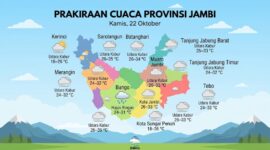 Prakiraan cuaca Jambi Kamis (22/10): mayoritas wilayah berpotensi udara kabur, sementara Bungo diguyur hujan ringan.(poto: AI).