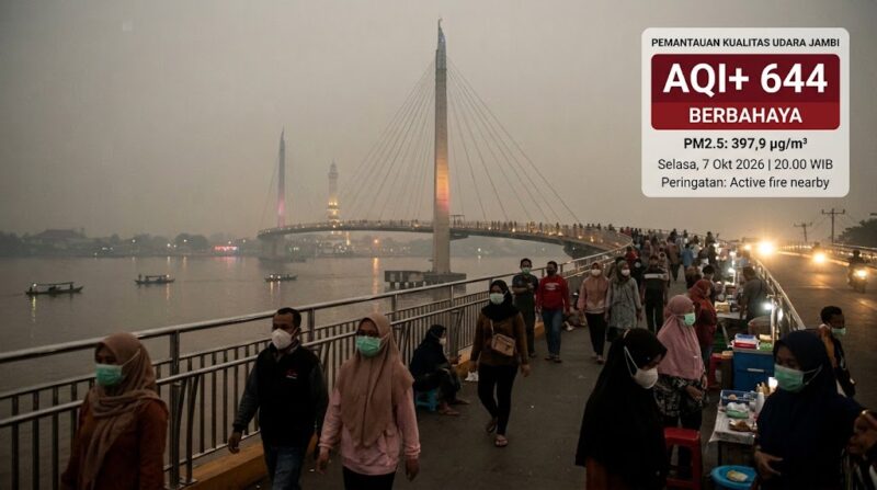ilustrasi: Kualitas udara Jambi berbahaya (AQI 644) akibat kabut asap di sekitar Jembatan Gentala Arasy pada Selasa (7/10/2026) malam.(poto: AI).