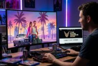 Ilustrasi Seorang jurnalis menguji GTA 6 jelang batas kelayakan nominasi ajang The Game Awards 2026 di depan layar monitor.(poto: AI).