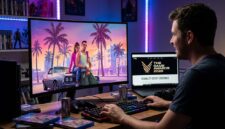 Ilustrasi Seorang jurnalis menguji GTA 6 jelang batas kelayakan nominasi ajang The Game Awards 2026 di depan layar monitor.(poto: AI).