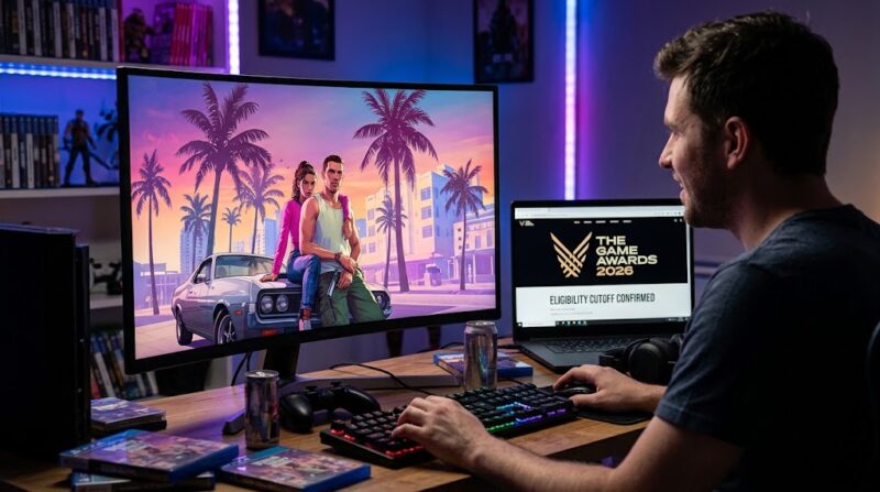 Ilustrasi Seorang jurnalis menguji GTA 6 jelang batas kelayakan nominasi ajang The Game Awards 2026 di depan layar monitor.(poto: AI).