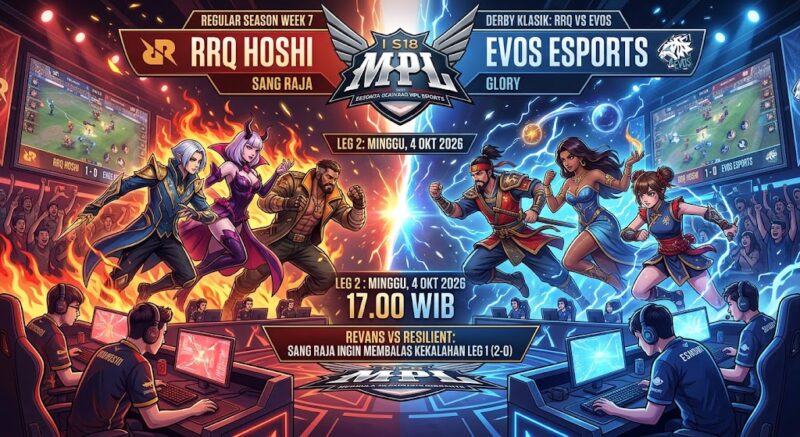 Ilustrasi Saksi keseruan Leg 2 Derby Klasik RRQ vs EVOS di arena MPL ID S18 yang penuh sorak-sorai dan tensi tinggi!.(poto: AI).