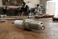 Ilustrasi busi motor di meja bengkel, komponen vital penentu tenaga mesin dan efisiensi bahan bakar kendaraan bermotor.(poto: AI).