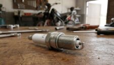Ilustrasi busi motor di meja bengkel, komponen vital penentu tenaga mesin dan efisiensi bahan bakar kendaraan bermotor.(poto: AI).