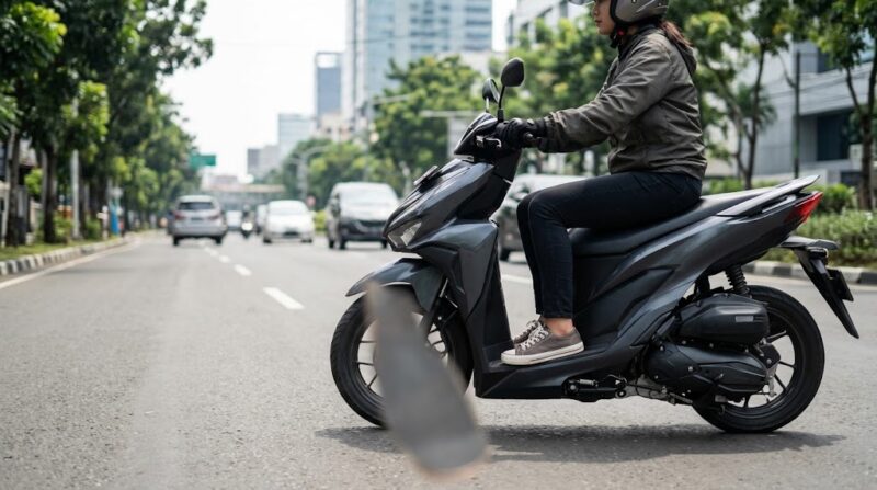 Ilustrasi: Pengendara motor matik menempatkan kaki tepat di dek pijakan demi menjaga keseimbangan dan keselamatan berkendara.(poto: AI).