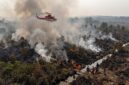 Ilustarsi Petugas gabungan membasahi lahan gambut Jambi di bawah kepulan asap pekat, sementara helikopter bom air siap beroperasi.(poto: AI).