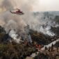 Ilustarsi Petugas gabungan membasahi lahan gambut Jambi di bawah kepulan asap pekat, sementara helikopter bom air siap beroperasi.(poto: AI).