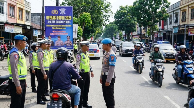 Petugas kepolisian didampingi Provos menggelar Operasi Patuh 2026 secara humanis di jalan raya.(ilustrasi poto: AI).