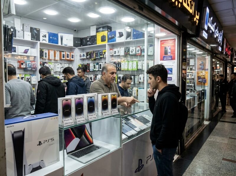 Ilustarsi Seorang pemuda melihat kotak iPhone 18 yang dipajang di etalase toko elektronik Charsou Mall, Teheran.(poto: AI).