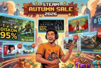 Ilustrasi promo Steam Autumn Sale 2026 yang memangkas harga deretan game komputer populer hingga 95 persen.(poto: AI).