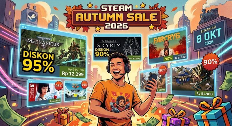 Ilustrasi promo Steam Autumn Sale 2026 yang memangkas harga deretan game komputer populer hingga 95 persen.(poto: AI).