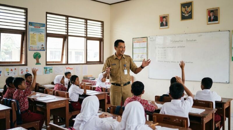 Ilustrasi: suasana belajar mengajar guru PPPK atau ASN di dalam kelas sekolah dasar di Indonesia.(poto: AI).