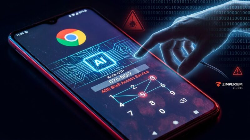 Ilustrasi ancaman malware Android RatHat berbasis AI yang mampu mencuri PIN dan kode OTP nasabah secara otonom.(poto: AI).