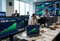 Aktivitas pergerakan grafik saham dan IHSG di layar monitor bursa efek.(poto: AI).