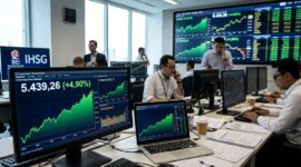 Aktivitas pergerakan grafik saham dan IHSG di layar monitor bursa efek.(poto: AI).