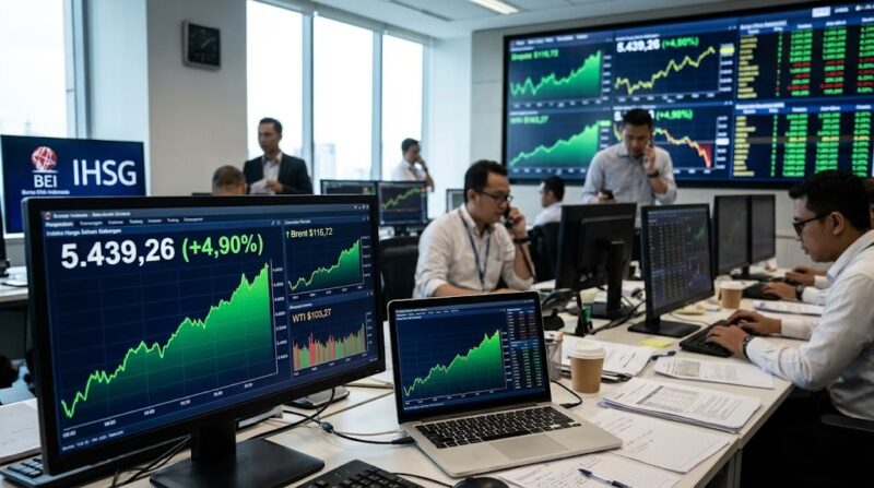 Aktivitas pergerakan grafik saham dan IHSG di layar monitor bursa efek.(poto: AI).