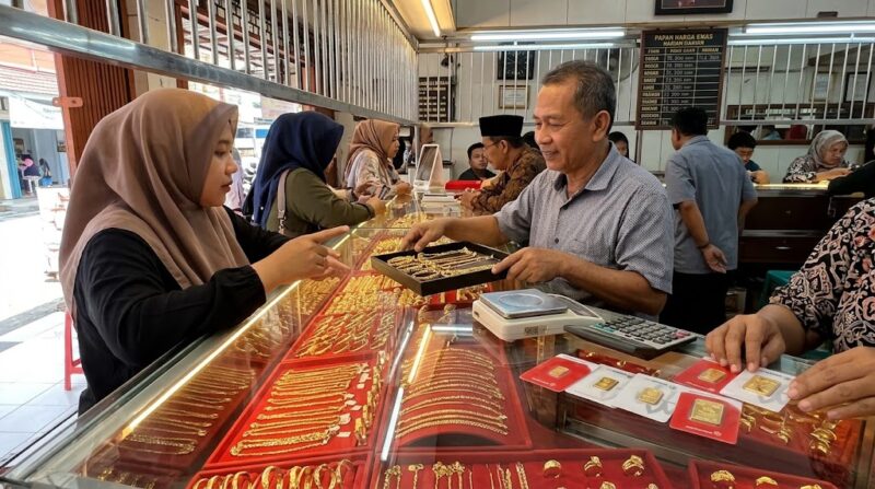 Ilustrasi Aktivitas jual beli emas perhiasan dan batangan Antam di gerai pasar tradisional kawasan Jambi.(poto: AI).