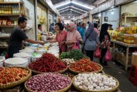 Ilustrasi Aktivitas warga berbelanja kebutuhan pokok di pasar tradisional Jakarta di tengah harga pangan yang bergerak variatif.(poto: AI).