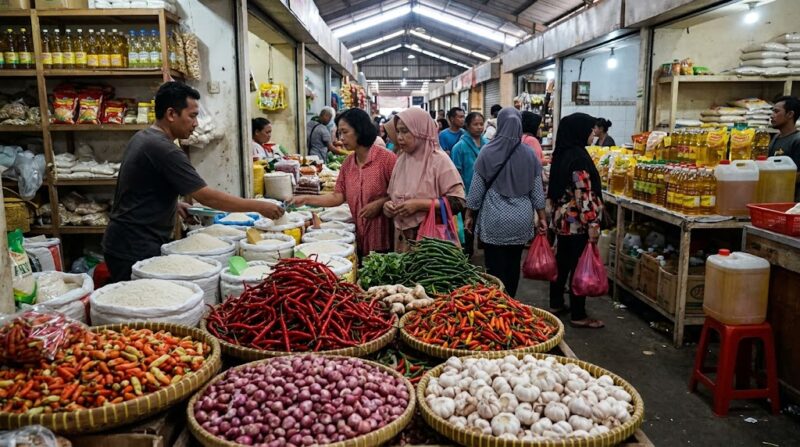 Ilustrasi Aktivitas warga berbelanja kebutuhan pokok di pasar tradisional Jakarta di tengah harga pangan yang bergerak variatif.(poto: AI).