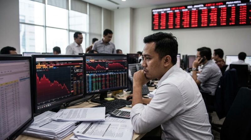 Ilustrasi: Suasana tegang di bursa saham saat IHSG anjlok ke level 5.907 pada sesi perdagangan pagi ini, Kamis (15/10/2026).(poto: AI).