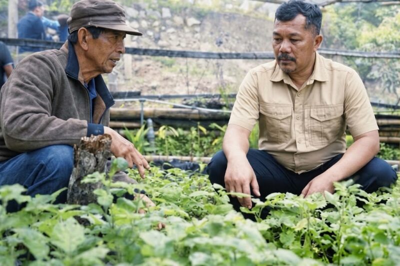 Bupati Kerinci Monadi (kanan) meninjau perkembangan nilam petani.(poto: istimewa).
