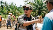 Ilustrasi: Seorang pekerja lapangan mengenakan kacamata hitam dan topi demi melindungi mata dari bahaya radiasi sinar ultraviolet.(poto: AI).