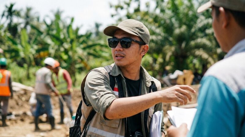 Ilustrasi: Seorang pekerja lapangan mengenakan kacamata hitam dan topi demi melindungi mata dari bahaya radiasi sinar ultraviolet.(poto: AI).