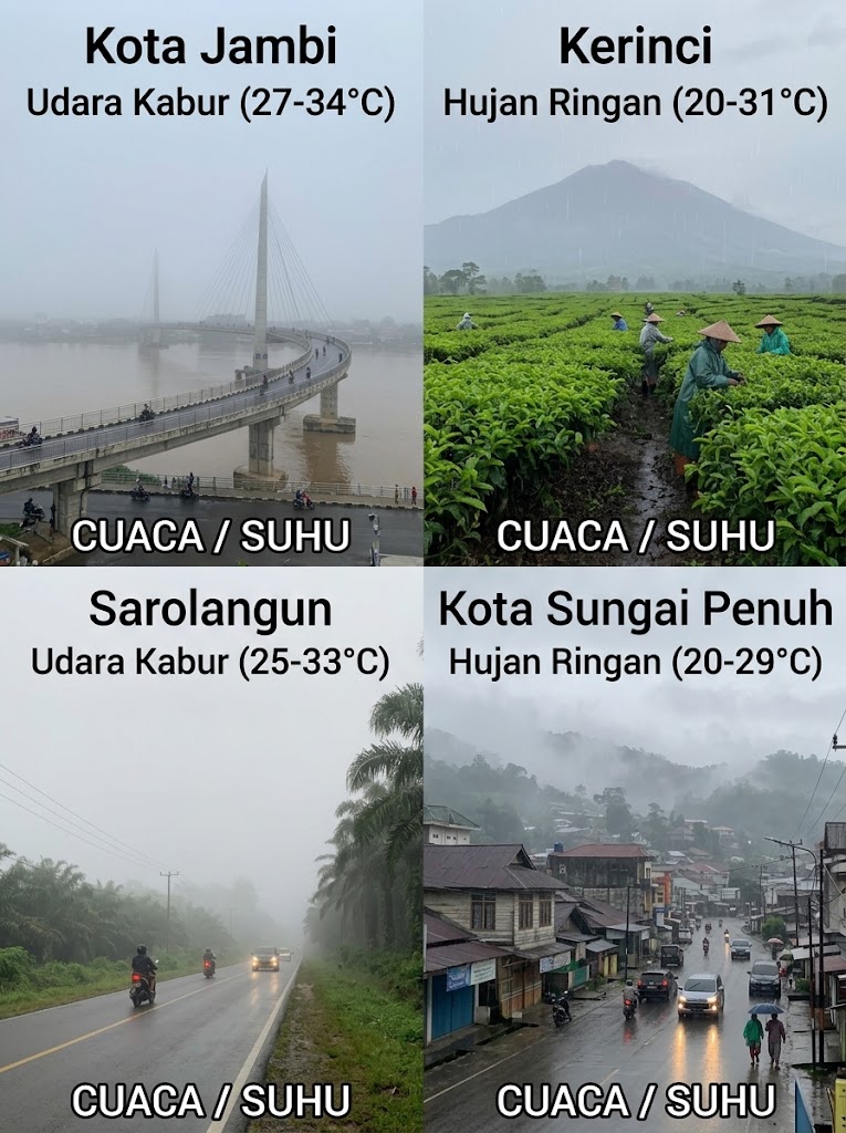 Visual prakiraan cuaca di Jambi: dominasi udara kabur di perkotaan dan hujan ringan di kawasan pegunungan Kerinci. (poto: AI). 