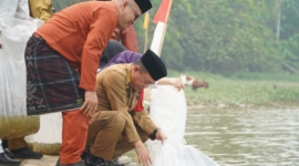 Gubernur Jambi melepas 25.000 benih ikan nilem di Lubuk Larangan Danau Sibuk Kabupaten Bungo.(poto: istimewa).