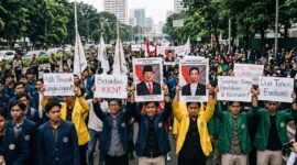 Ilustrasi Massa mahasiswa berunjuk rasa membawa poster foto Prabowo-Gibran saat aksi evaluasi dua tahun rezim di Jakarta.(poto: AI).