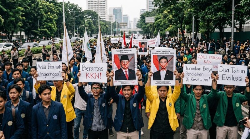 Ilustrasi Massa mahasiswa berunjuk rasa membawa poster foto Prabowo-Gibran saat aksi evaluasi dua tahun rezim di Jakarta.(poto: AI).