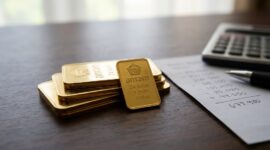 Emas batangan Antam di atas meja kerja berdampingan dengan catatan harga dan kalkulator untuk menghitung nilai investasi.(poto: AI).