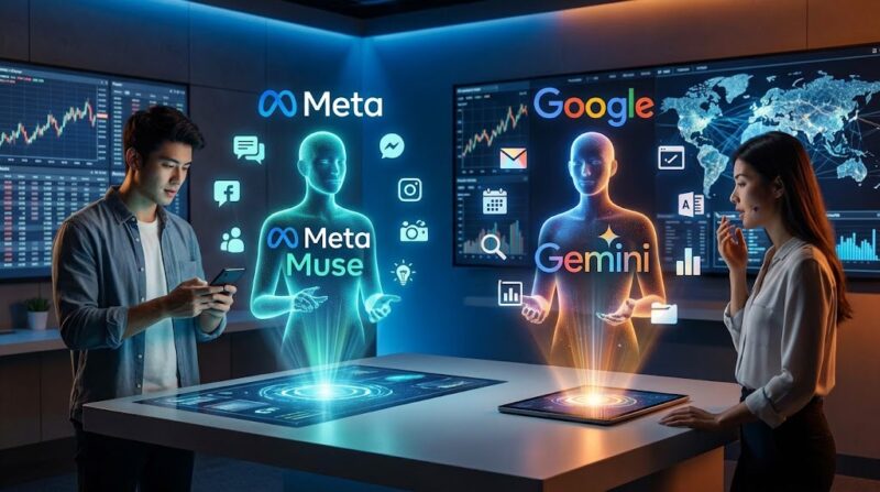 Ilustrasi persaingan asisten AI antara Meta Muse dan Google Gemini dalam ekosistem digital.(poto: AI).
