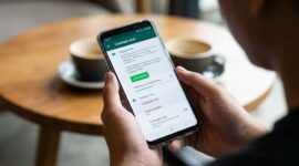 Ilustrasi Pengguna mengakses menu cadangan chat WhatsApp di ponsel untuk mencadangkan riwayat pesan ke Google Drive secara aman.(poto: AI).