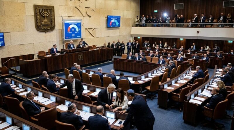 Ilustrasi Suasana sidang dan perundingan antaranggota parlemen di ruang sidang Knesset Israel di Yerusalem menyusul penghitungan suara pemilu.(poto: AI).