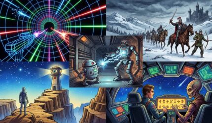 Ilustrasi kolase lima adegan game klasik tahun 1980-an menampilkan lorong vektor neon, pasukan ksatria berkuda di salju, duel peretasan robot luar angkasa, sosok manusia mengamati menara pengawas, dan kosmonaut berkomunikasi dengan alien di kokpit pesawat antariksa.