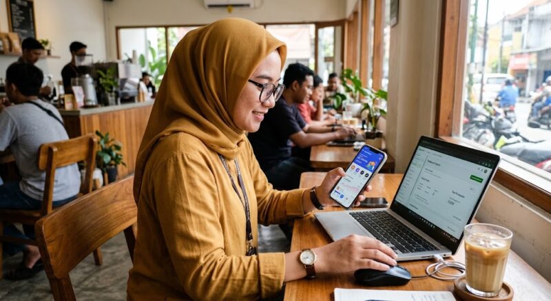 Ilustrasi serorang sedang bermain Aplikasi penghasil uang.(poto: AI).