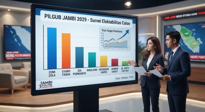 Ilustrasi grafis hasil pemantauan bursa calon gubernur dalam peta politik Pilgub Jambi 2029 tanpa kehadiran petahana.(poto: AI).