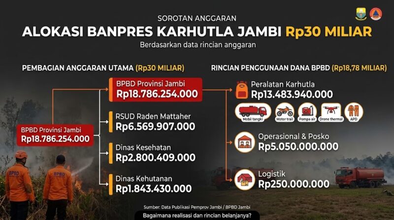 Infografis pembagian & rincian Banpres Karhutla Jambi Rp30 Miliar, dengan porsi terbesar Rp18,78 Miliar untuk BPBD.(poto: AI).